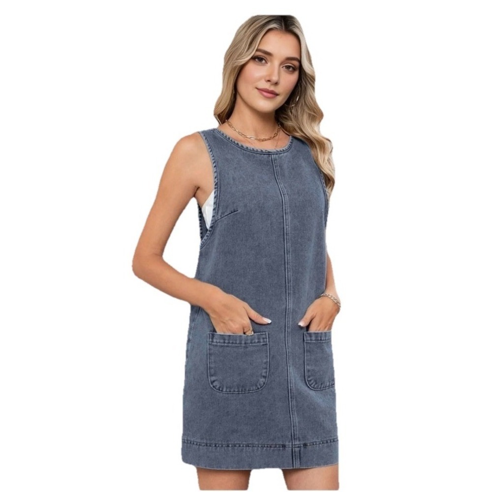 Womens Sleeveless Denim Dress A-Line Overall Mini Dress Jean Jumper Pinafore XL